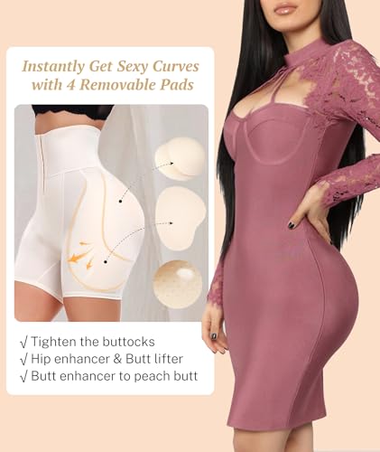 Image of Women Hip Padded Butt Lifter Shapewear Tummy Control Shorts Hook Closure Removable 4 Pads for Bigger Butt