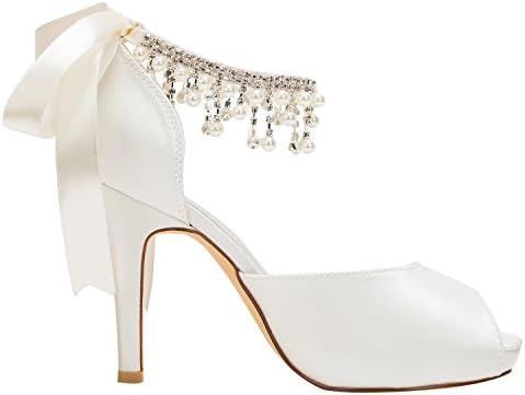 Emily Bridal 521-51 Women's Wedding Shoes Peep Toe 3.94 Inches Stiletto Heel Satin Pumps with Imitation Pearl Ribbon Tie Chain Bridal Shoes (EU41/9.5 B(M) US, Ivory) | Image 2