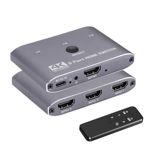 4K@60Hz HDMI Switch 3 in 1 Out HDMI Switcher Selector with Remote Supports 4K 3D 1080P HDR HDMI 2.0 HDCP 2.2 Compatible with Nintendo Switch PS5/4/3 Xbox Roku TV Fire Stick Blu-Ray Player