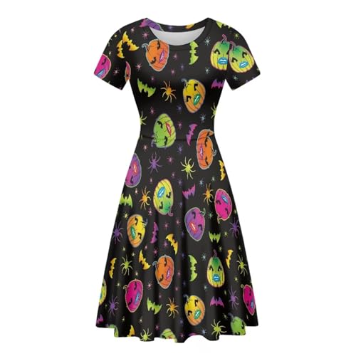 Image of Forchrinse Colorful Pumpkin Dress for Women Halloween Midi Short Sleeve Flowy Swing Tank A Line Elegant Party Wedding Costume Outfit, S-4XL, Small