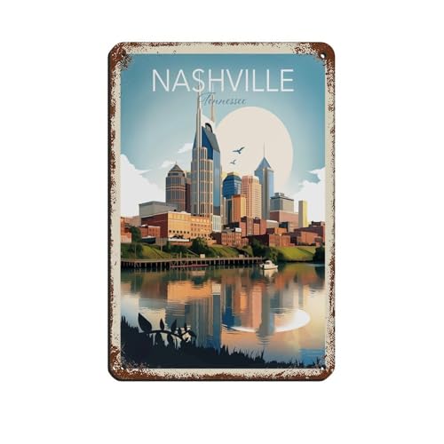 GMLGWW Nashville Vintage Travel Poster Retro Poster Metal Tin Sign Chic Art Retro Iron Painting Bar People Cave Cafe Family Garage Poster Wall Decoration Style8x12inch(20x30cm)