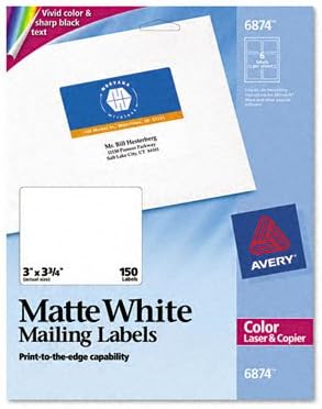 Avery 6874 Laser Labels for Color Printing 3 x 3-3/4 White 150 Pack