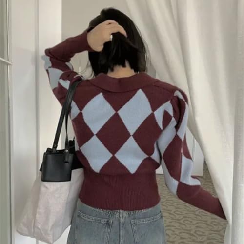 Women's Short French Vintage Argyle Color Block Waist Cinched Collared Knit Cardigan - Red/Black, S-XL3