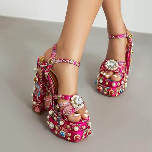 Image of Feinlina Rhinestone Platform Chunky Heels for Women Open Toe Ankle Strap Dress Pumps with Gems Green Pink Floral Print Embroidery Wedding Party Sandals