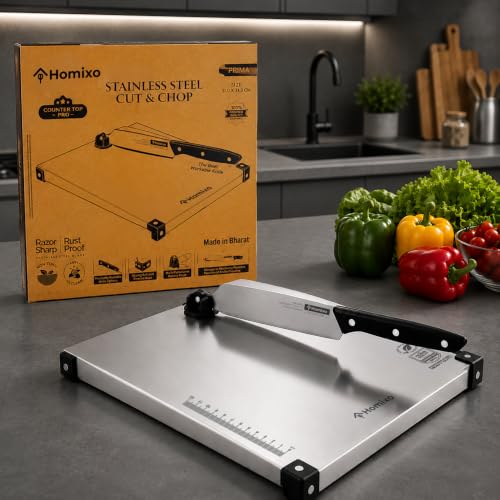 Image of HOMIXO Prima Cut & Chop Stainless Steel Chopping Board with Knife | Food Grade Steel Cutting Board | Heavy Duty Kitchen Cut and Chop Board with Rotary Knife Lock | Rust Proof Chopping Board