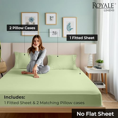 Image of Royale Linen Fitted Sheet With Pillowcases - Queen Fitted Sheets With 2 Pillowcase - 300 Thread Count 100% Organic Cotton - Fit Mattress Up to 18 inch Deep - Soft & Breathable - Sage Green (No Flat Sheet)