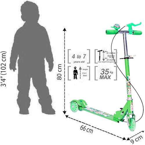 Image of Foldable Kick Skating Cycle LED Wheels | Kids 3 Wheel Kick Scooter with Adjustable Handlebar & Hight, Front Brake, Bell and Printed Deck | Skate Scooter for Kids Age 2-12 Years. (Green)