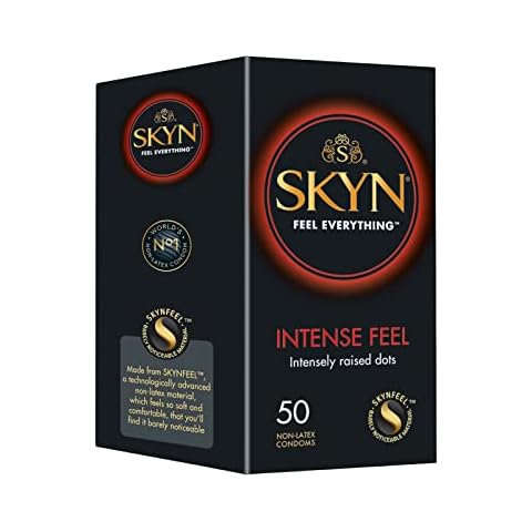 SKYN Intense Feel Condoms Pack of 50 / Skynfeel Latex Free Condoms for Men, Regular Size Condoms, Thin Condoms, Ribbed and Dotted Straight Shape, 53mm Wide Cover