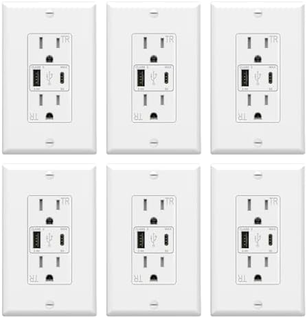 ThunderWay USB Outlet, 15 Amp Wall Outlet with USB Ports, 21W Charging USB C Outlets Receptacles with Type A & Type C Ports, Tamper Resistant, Wall Plate Included, ETL Listed, White, 6 Pack