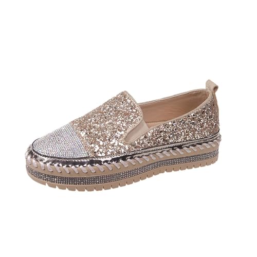 SACFOF Women Rhinestone Platform Loafers Glitter Fashion Slip-On Sparkle Sequin Sneakers Casual Flat Bling Loafers