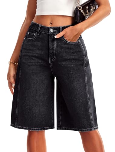 La mejor selección de Mezclilla Negra los preferidos por los clientes. 46 IVIR Jorts Bermudas para mujer, pantalones cortos de mezclilla largos hasta la rodilla, pierna ancha, cintura alta, estilo clásico, casual, verano, Negro, Small