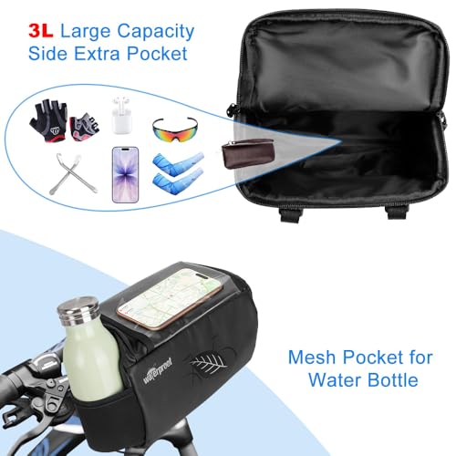 Image of WOTOW Bike Waterproof Handlebar Bag, Bicycle Front Basket Pack with Touch Screen Phone Holder, Reflective Storage Pouch 3L for Men Women Kids Outdoor Road MTB Cycling