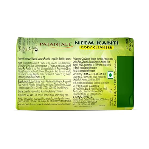 Image of Patanjali Neem Kanti Herbal Body Cleanser Soap for Men and Women (150g, Pack of 8), Moisturizing & Deep Cleansing, Natural Neem Soap for Dry Skin