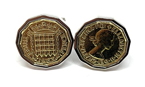 Premium 1963 Threepence cufflinks for a 59th Birthday cufflinks SLV HT, larger, Gold Plated, Other Clasp Type