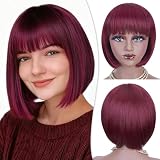 PHOCAS Short Red Bob Wig with Bangs Straight Burgundy Cospaly Wig 8 Inch Dark Red Glueless Bob Wigs - 100% Heat Resistance Synthetic Party Wigs for Women Halloween Costume Cosplay