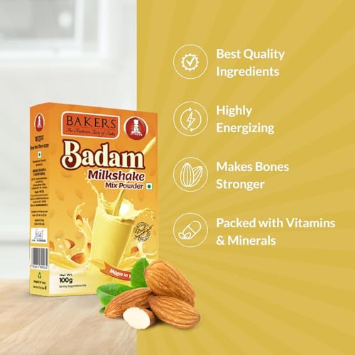 Image of BAKERS Milk Shake Mix Powder - Badam Flavor (100g x 4, 400g) | Instant Thick & Creamy Shake Mix | Rich & Delicious Dessert Drink | Ready to Mix with Milk | No Preservatives |Ready in 30 Sec