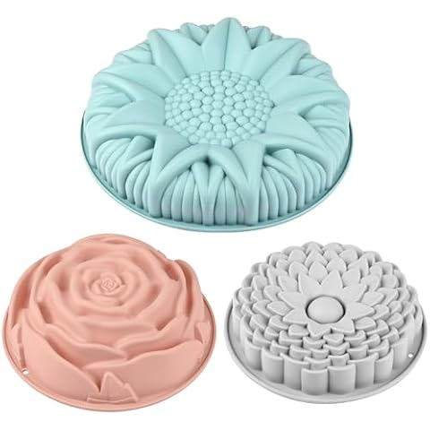 Sakolla 3 Pack Flower Shape Silicone Cake Molds, Large Round Chrysanthemum Rose Sunflower Shapes Nonstick Cake Molds for Baking Birthday Cakes, Breads, Pies, and Tarts, Jello Molds for Desserts Cover