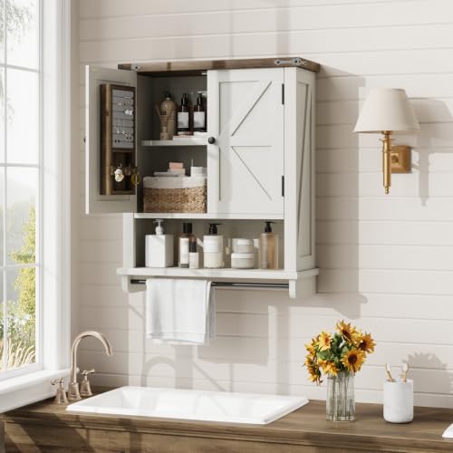 Image of QUW Farmhouse Bathroom Wall Cabinet, Modern Medicine Cabinets with Towel Bar & Jewelry Holder, Over The Toilet Storage Cabinet with Barn Door for Laundry, Living Room, Hallway, Antique White