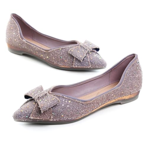 Hee grand Flats for Women Pointed Toe Bowknot Crystals Shoes Glittering Rhinestone Wedding Dress Shoes