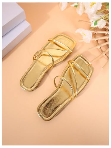 GORGLITTER Women's Metallic Strappy Flats Sandal Dressy Cute Open Toe Slip on Slides Summer Vacation Beach Sandals 20254