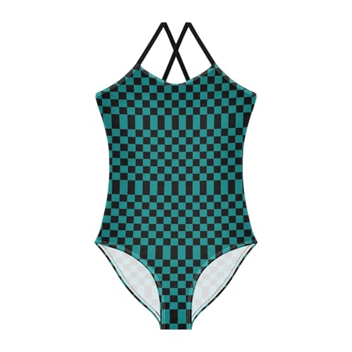 Image of Black and White Chess Girls One Piece Swimsuits Board Marble Tile Sport Halter Swimwear Beach Bathing Suit 3T