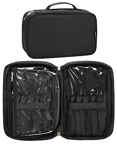 Relavel Estojo para pincéis de maquiagem, bolsa de maquiagem, bolsa de cosméticos, organizador de viagem, portátil, pincéis de cosméticos, estojo de couro preto com bolsa transparente pequena, Preto