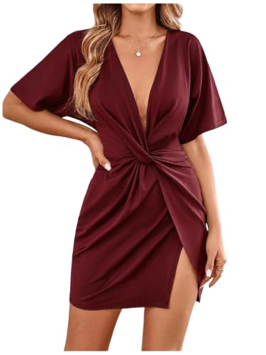 Image of Floerns Women's Deep V Neck Twisted Plunging High Slit Mini Party Dress