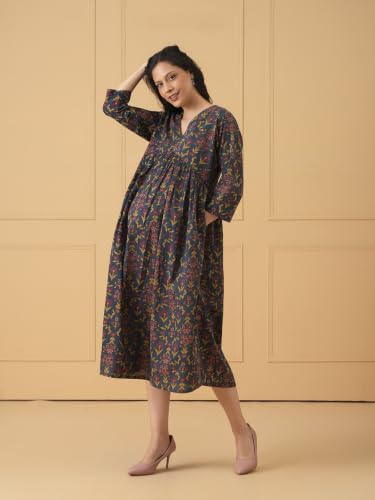 Image of The Mom Store Maternity and Nursing Dress | Pre and Post Pregnancy Dress for Womens | Zipper /Button Opening | Causal Wear | Trendy Stylish Causal Dresses for New Moms