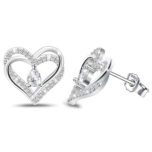 Sterling Silver Heart Stud Earrings - Double Heart Shaped with Cubic Zirconia, Hypoallergenic for Sensitive Ears - Perfect Valentine's Day Gifts