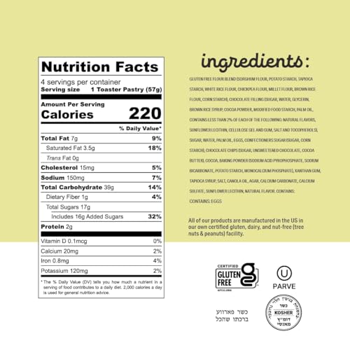 Image of Katz Gluten Free Chocolate Chip Toaster Pastries. Breakfast Foods Snacks. Free of Dairy, Peanuts, Tree Nuts, and Sesame, No Artificial Color. Kosher. 8oz (8pk)
