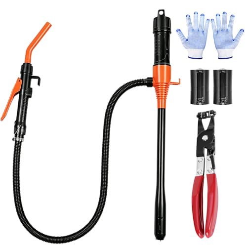 HAONINYUE Electric Fuel Transfer Pump, 3.2 GPM Portable Fluid Transfer Pump with Oil Pipeline, Battery Gas Pumps with Flow Control Nozzle, Includes Gloves, Hose Clamp & Pliers – for Car, Boats