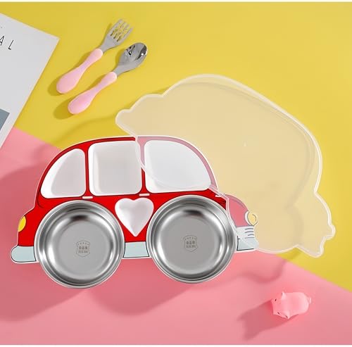 JIAXIN お子様ランチプレート 仕切り皿6つの間仕切りには異なる食べ物を入れることができます キッズテーブルプラスチック製のカバーを持っていますプラスチック製の蓋と食器セット(スプーンとフォーク)可愛い離乳食 食器 ランチプレート 子供 にはボウルが2