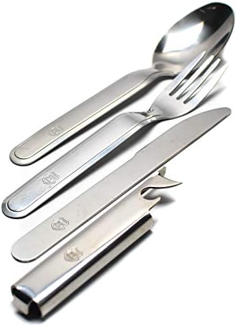 Original Hungarian army cutlery set 4 pieces. Eating utensils military issue spoon fork knife kit flatware multi-tool Camping bottle can opener stainless steel NEW