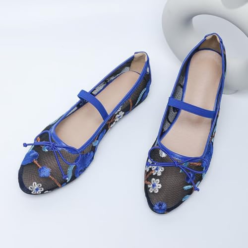 Hee grand Mesh Ballet Flats for Women Floral Embroidered Round Toe Ballerina Shoes Elastic Straps Mary Jane Flats Big Size4