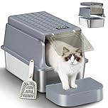 Fobyfurny Stainless Steel Cat Litter Tray with Flip Lid, XXL Enclosed Metal Cats Litter Box, with Cat Litter Scoop and Foot Step, Removable, 120° Flip Top Design, Easy to Clean, Dark Grey, FPLB001SG2