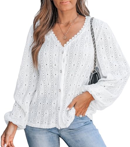CUPSHE Chemisiers pour femmes à col en V, manches longues, manches bouffantes, hauts pour femmes en maille avec œillets en dentelle, élégante tunique pour...