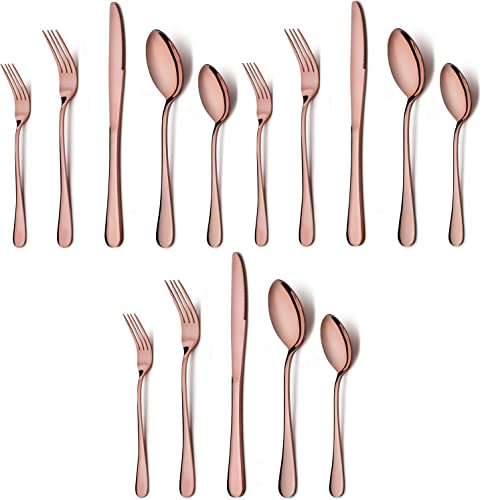Image of Copper Silverware Set, Rose Gold Flatware Set for 4, Stainless Steel Tableware Cutlery Set, Utensil Sets for Kitchen, Forks and Spoons Silverware (Rose Gold, Set of 15)
