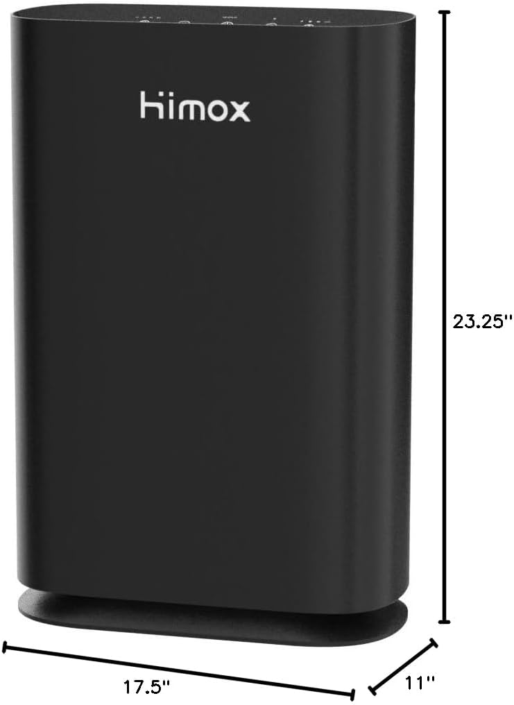Dimensions of the HIMOX H05 air purifier: 11 inches deep, 17.5 inches wide, and 23.25 inches high.
