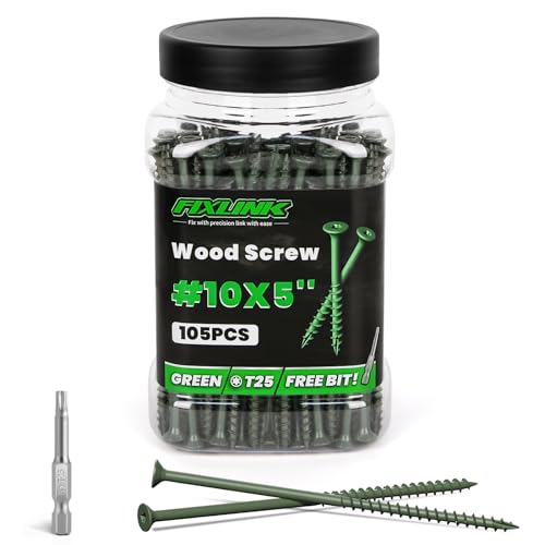 Image of Wood Screws 5 Inch, FIXLINK Deck Screws #10 x 5, 105 PCS, Epoxy Coated, T25 Star Bit Above 1500 Hour Salt Spray Coating Outdoor Decking Screws Excellent Rust Resistant for Wood Fence, Green