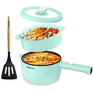 Dezin Electric Cooker with Steamer, 2L NonStick Sauté Pan, Rapid Noodles Cooker, Mini Pot for Steak, Ramen, Oatmeal, Soup with Power Adjustment, College Dorm Room Essential(Silicone Spatula Included)
