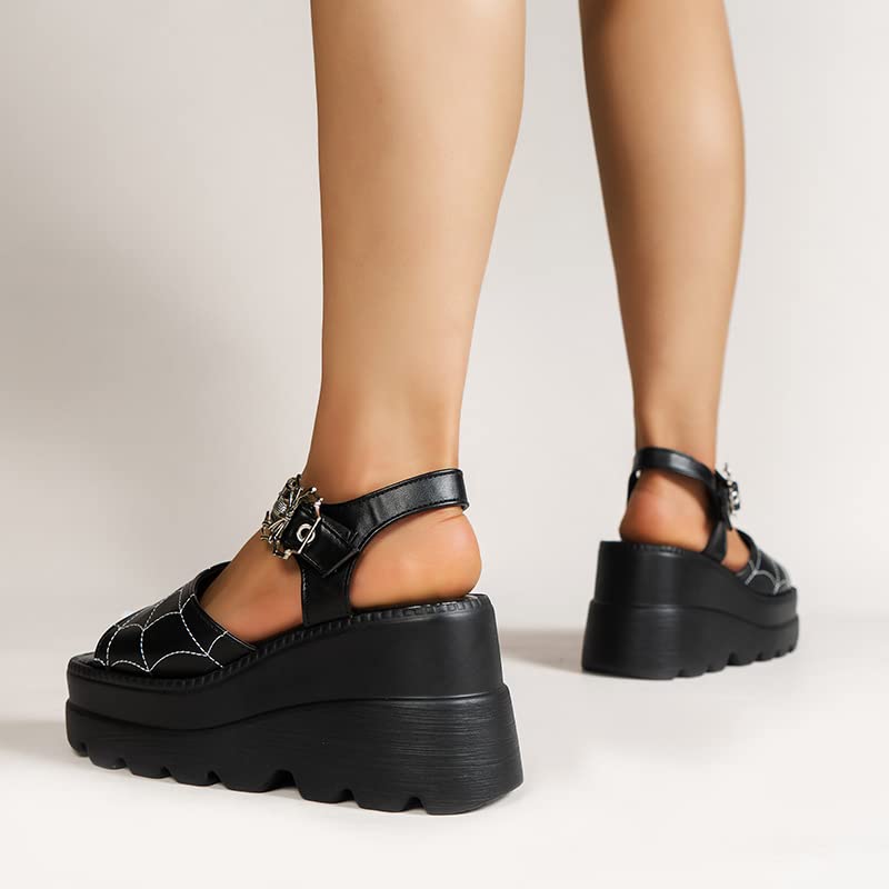 RZDYSQ Women's Platform Gothic Sandals, Open Toe Punk Goth Metal Buckle Summer Wedge Sandals (Matte Black-Spider,US-7.5)3