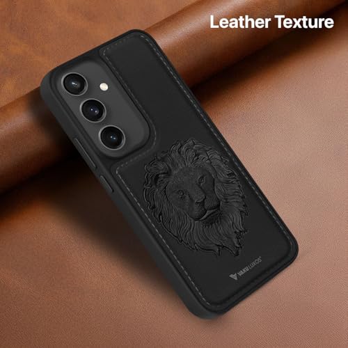 Image of Vaku Luxos Lion Embossed Back Cover Case for Samsung Galaxy S24 FE 5G Premium Leather Stitched Soft Shockproof Protective TPU Phone Case Camera Screen Protector- Black