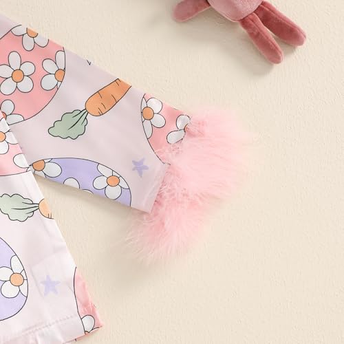 MAINESAKA Toddler Baby Girl Satin Pajamas Set Feather Trim Long Sleeve Button Down Tops Long Pants 2Pcs Pjs Sleepwear Outfits (N-Pink, 6-7 Years)