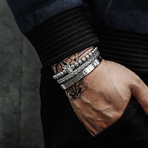 Funeia 3Pcs Cuff Bangle Bracelet For Men Stainless Steel Roman Numeral Charm Cuff Bangle Sets Hip Hop Jewelry (B:silver) #TOP2