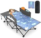 Slendor Toddle Cot, Toddler Portable Bed w/Cartoon Handrail, Blanket (5ft x 4ft), Folding Toddler Cots for Camping, Travel Bed, Extra Long Cot Length 56', Support 330 Lbs, Gray