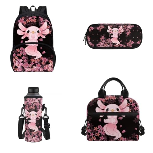4 pezzi zaino pranzo borsa portamatite porta bottiglia dacqua per bambini adulti isolato Axolotl ai fiori di Onesized Zaino per unisex leggero ciliegio