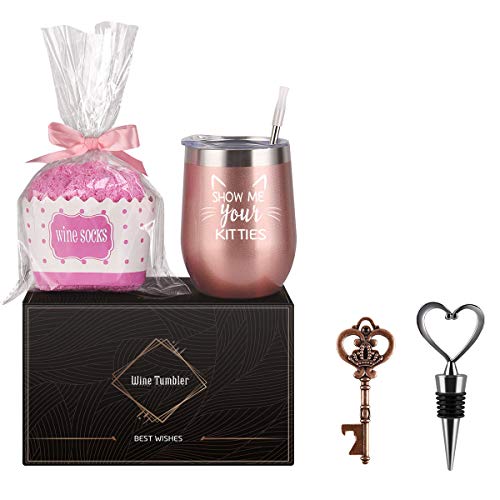 Gifts for Cat Lovers, Show Me Your Kitties Wine Tumbler Cupcake Wine Socks Gift Set, Birthday Christmas Gift for Friends Sister Women, 12oz Stainless Steel Tumbler with Lid, Socks, Opener, Stopper