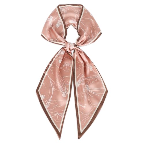 Relang Satin Scarf Mulberry Silk Printed Head Wrap Hair Band 7"" x 59"" Brown Edge Pink