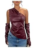 MakeMeChic Women's One Shoulder Leather Blouse Asymmetrical Hem Tops with Arm Warmer Set Burgundy Large