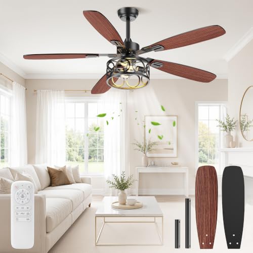 BLNAN 52 Inch Ceiling Fan with Lights and Remote, Caged Ceiling Fans Dual Finish 5 Blades, 6 Speeds + Natural Wind, Quiet